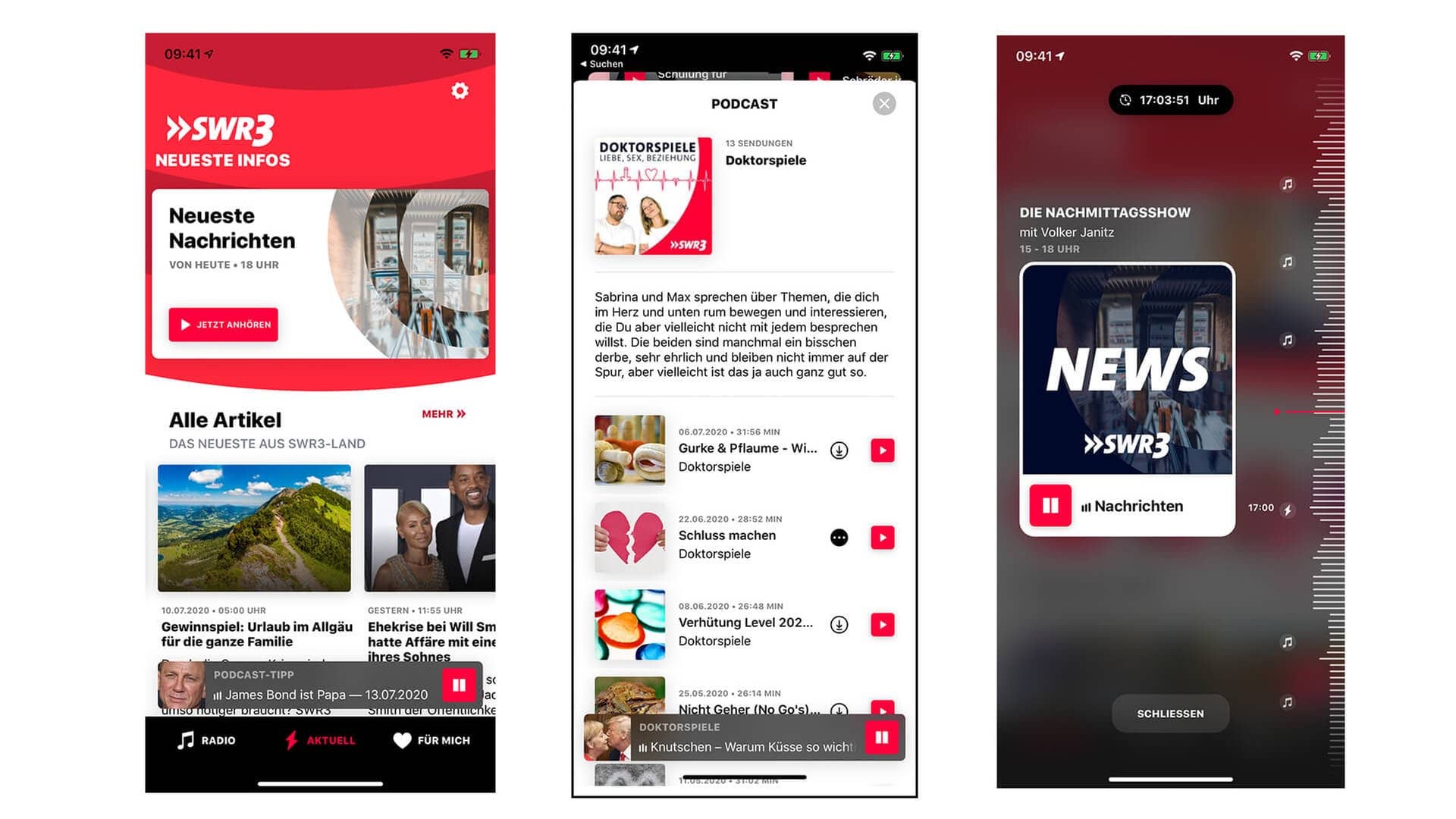 Ansicht der neuen SWR3 App: Nachrichten, Podcasts, News