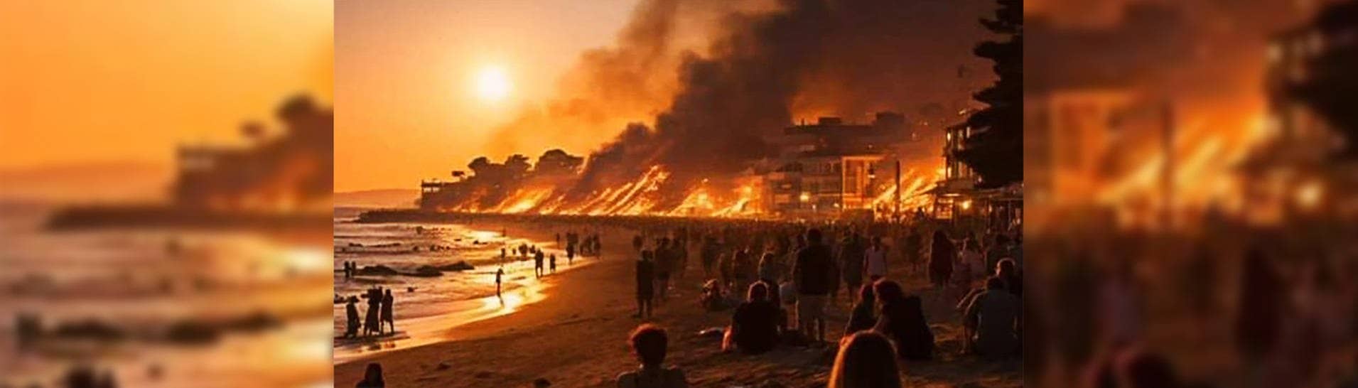 An einem Strand sitzen Menschen und schauen einem Brand zu. Es handelt sich womöglich um ein Foto, das mit einer künstlichen Intelligenz erstellt wurde.