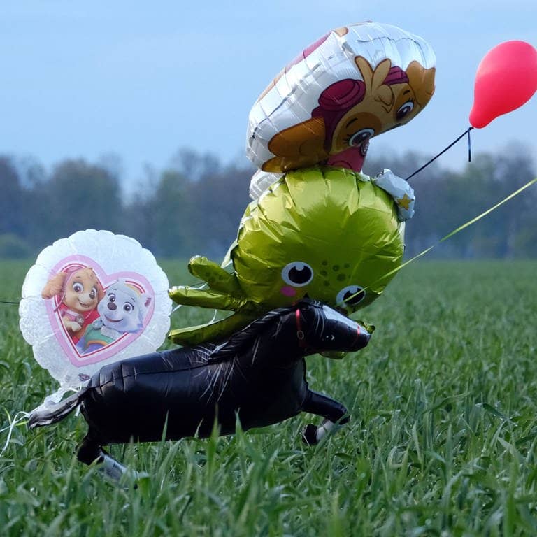 Ballons und Süßigkeiten stehen auf einem Feld bei Bremervörde. Von dem vermissten sechs Jahre alten Arian aus dem niedersächsischen Bremervörde fehlt noch immer jede Spur. (Foto: dpa Bildfunk, picture alliance/dpa | Markus Hibbeler)