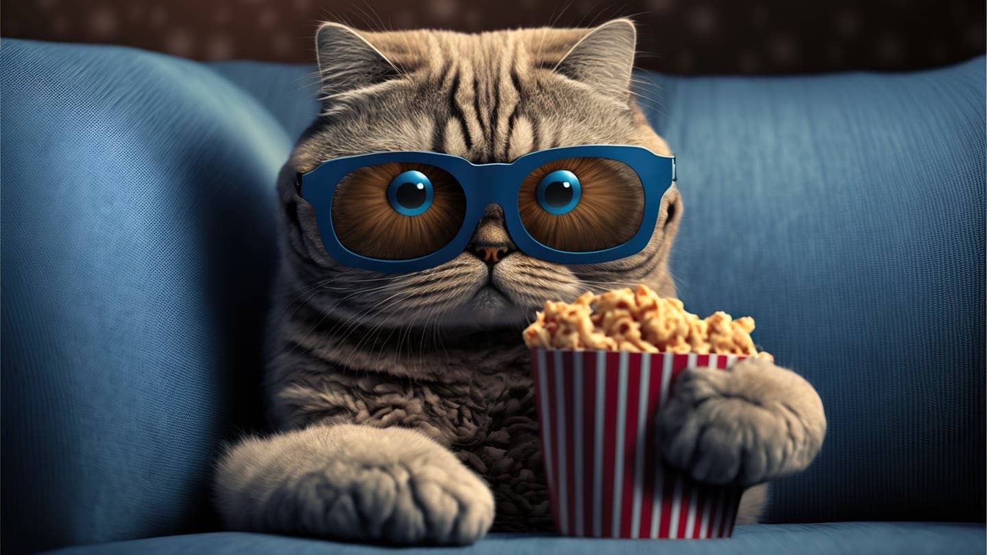 Eine Katze mit Brille sitzt auf der Couch und hält eine Tüte Popcorn in den Pfoten.