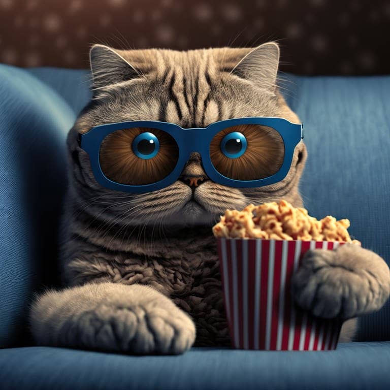 Eine Katze mit Brille sitzt auf der Couch und hält eine Tüte Popcorn in den Pfoten.