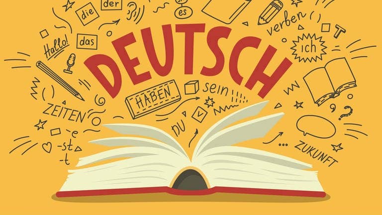 Aufgeschlagenes Deutsch-Buch mit Wörtern und Buchstaben außenherum. Im Buch geht es vielleicht um die Mehrzahl, den Plural von deutschen Wörtern.