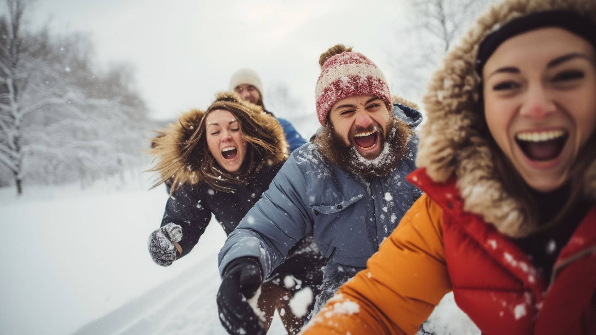 Drei junge Leute rennen im Winter lachend durch den Schnee – ein Mythos, der stimmt: dass Lachen den Körper aufwärmt.