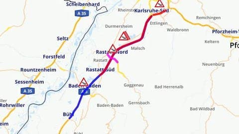Screenshot der Verkehrskarte der A5 zwischen Karlsruhe und Rastatt, die aufgrund einer Bombensprengung gesperrt ist. (Foto: SWR3 Verkehrszentrum | OpenStreetMap Screenshot)