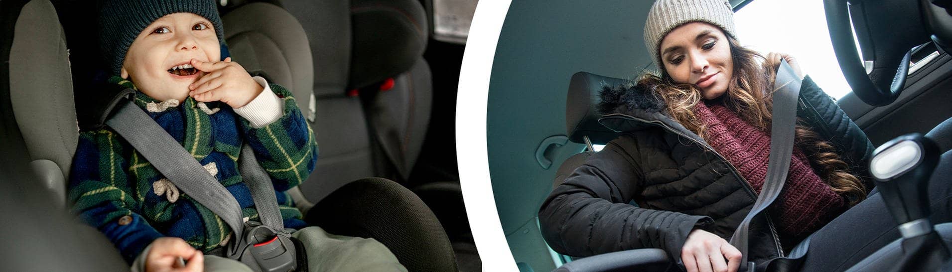Happy boy in car safety seat model released, eine junge Frau schnallt sich an