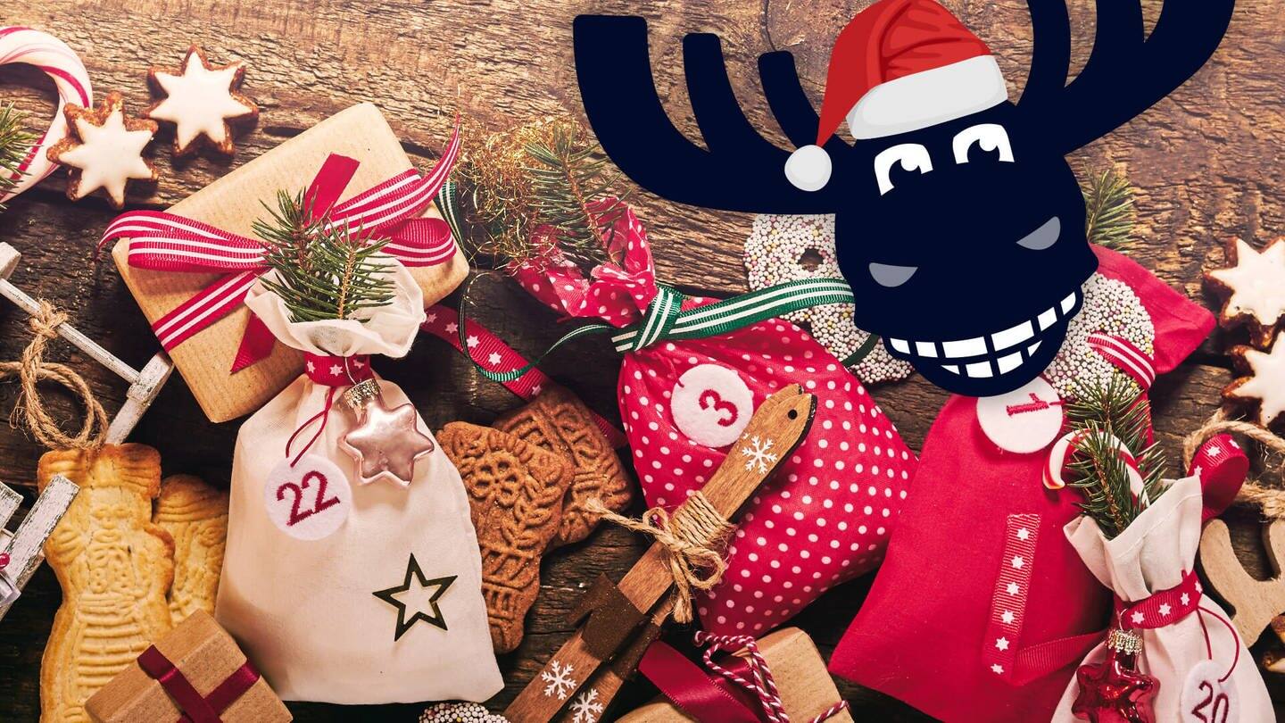 Elch mit weihnachtlicher Mütze, Spekulatius, Zimtsterne, Zuckerstangen und Adventskalendersäckchen (Foto: SWR3, Adobe Stock)