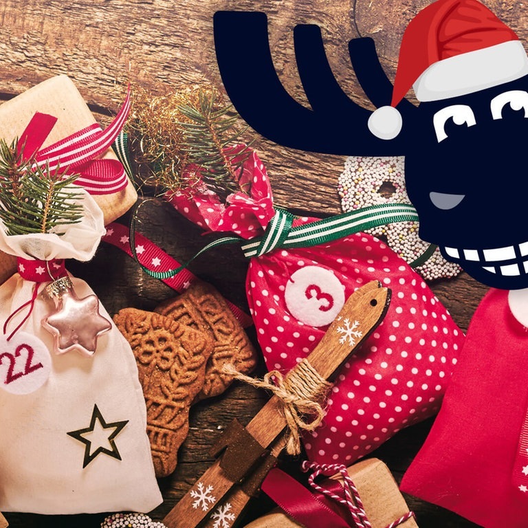 Elch mit weihnachtlicher Mütze, Spekulatius, Zimtsterne, Zuckerstangen und Adventskalendersäckchen (Foto: SWR3, Adobe Stock)