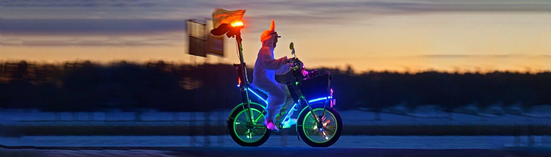 Fahrradfahrer bunt bei Nacht: Nachts auf richtiges Licht achten! (Foto: IMAGO, cyclist in a carnival costume)