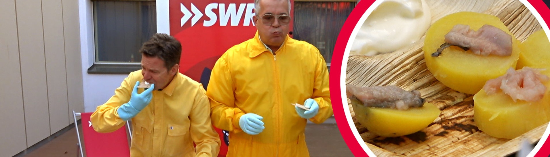 Zwei Moderatoren in gelben Klamotten esse Ekelfisch (Foto: SWR3)