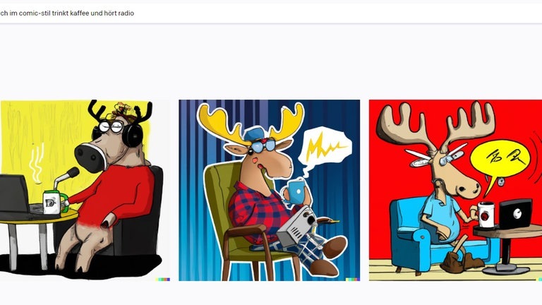 Foto: Screenshot: https://labs.openai.com Der Screenshot zeigt die Oberfläche der KI Dall-E 2, in der nach einem Elch im Comic-Stil gesucht wurde, der Kaffee trinkt und Radio hört. (Foto: Screenshot: https://labs.openai.com)