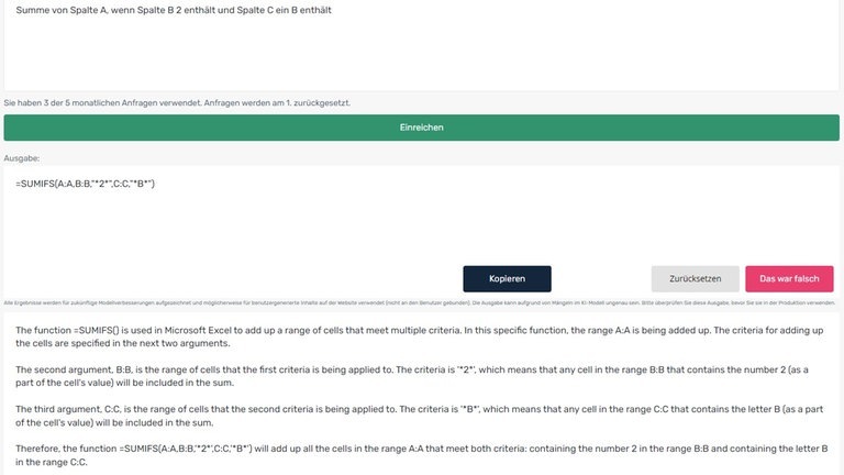 Foto: https://excelformulabot.com/dashboard Der Screenshot zeigt eine Eingabe in den Excel Formular Bot und die Erklärung zur angefragten Formel (Foto: https://excelformulabot.com/dashboard)