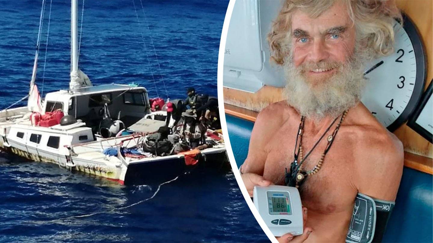 Schiffbrüchiger Tim Shaddock nach seiner Rettung vom manövrierunfähigen Katamaran