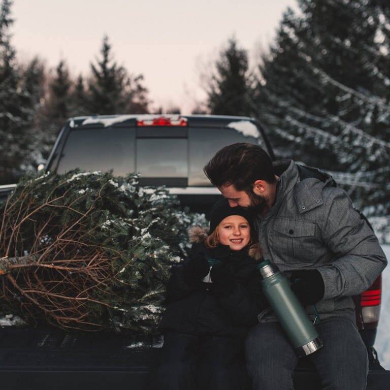 Weiße Weihnachten: Vater sitzt mit Kind auf einem Truck mit einem Weihnachtsbaum. Vater küsst Kind auf den Kopf (Foto: IMAGO, IMAGO / Image Source)