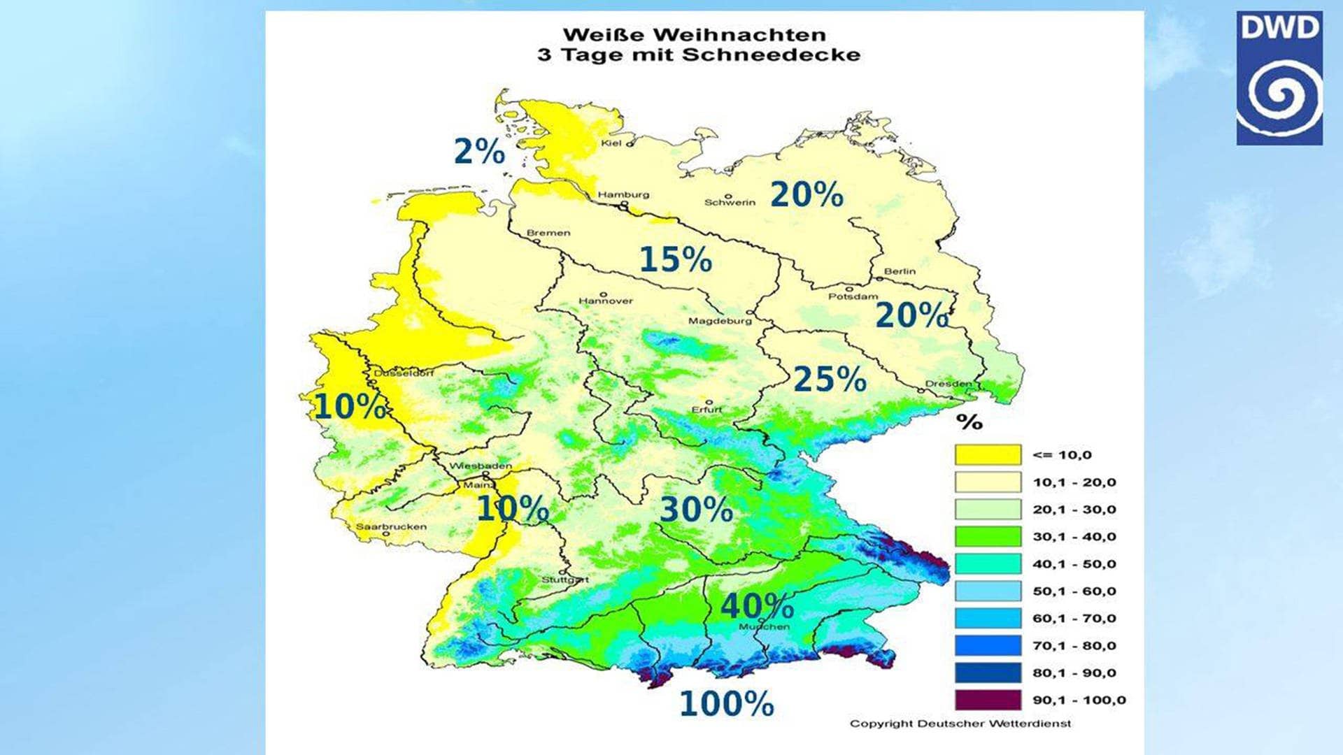 Wahrscheinlichkeit für weiße Weihnachten in Deutschland – ob es 2023 Schnee geben wird zu Heiligabend, geht aus der Karte nicht hervor. (Foto: Deutscher Wetterdienst (DWD))