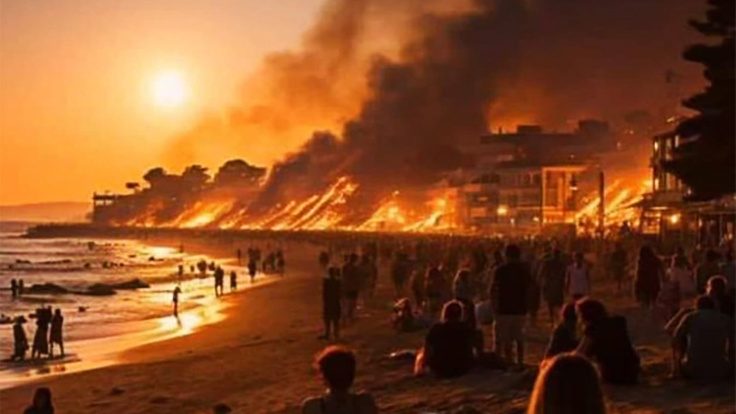 An einem Strand sitzen Menschen und schauen einem Brand zu. Es handelt sich womöglich um ein Foto, das mit einer künstlichen Intelligenz erstellt wurde.