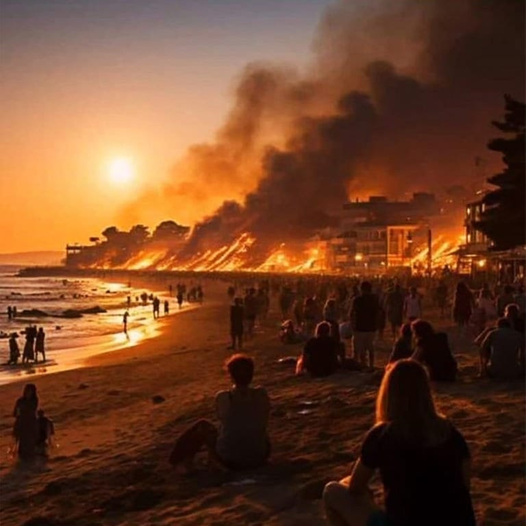 An einem Strand sitzen Menschen und schauen einem Brand zu. Es handelt sich womöglich um ein Foto, das mit einer künstlichen Intelligenz erstellt wurde.