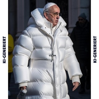 KI-generiertes Bild von Papst Franziskus in dicker, weißer Daunenjacke (Foto: x / @singareddynm) KI-generiertes Bild von Papst Franziskus in dicker, weißer Daunenjacke