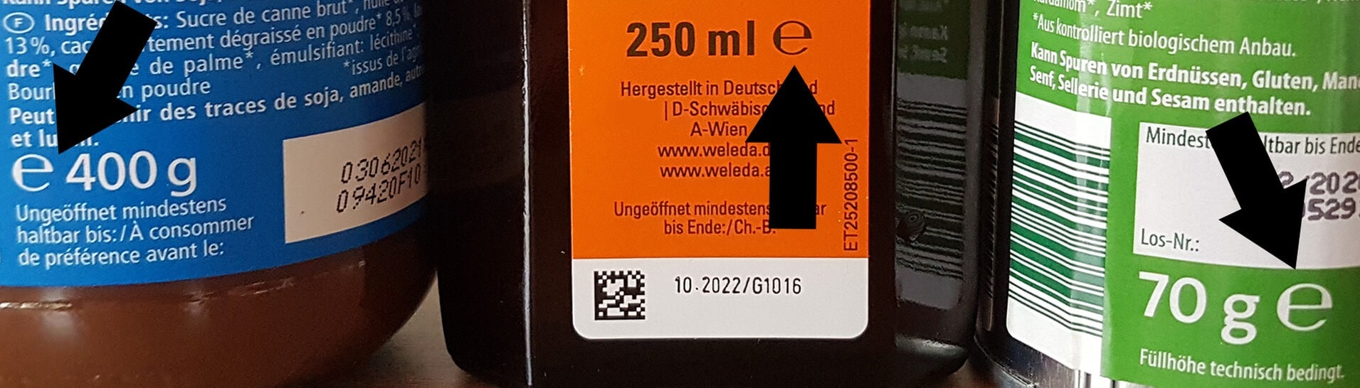 Das kleine „e“ findet sich auf fast allen Verpackungen und Flaschen und ist ein EWG-Zeichen. (Foto: SWR3, Sandra Tiersch)