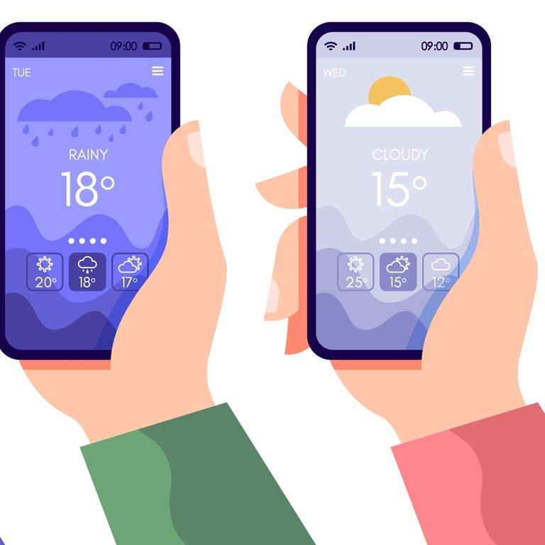 Hände halten Smartphones mit Wetter-Apps (Foto: Adobe Stock/Masmas)
