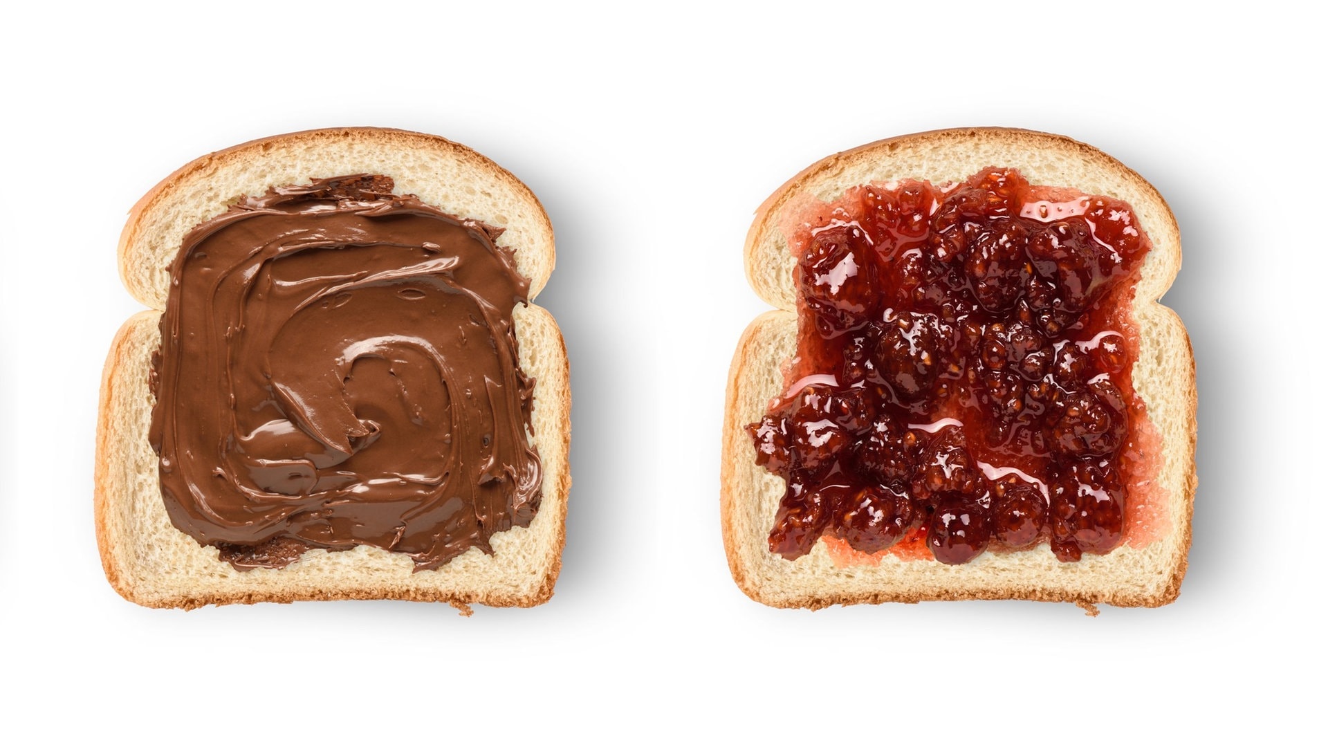 Toasts mit Nuss-Nougat-Creme, Erdnussbutter und Marmelade (Foto: Adobe Stock/chones)