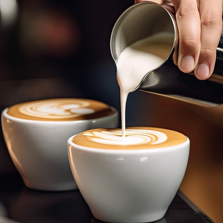 Barista gießt aufgeschäumte Milch in zwei Kaffeetassen (Foto: Adobe Stock, Iftikhar alam)