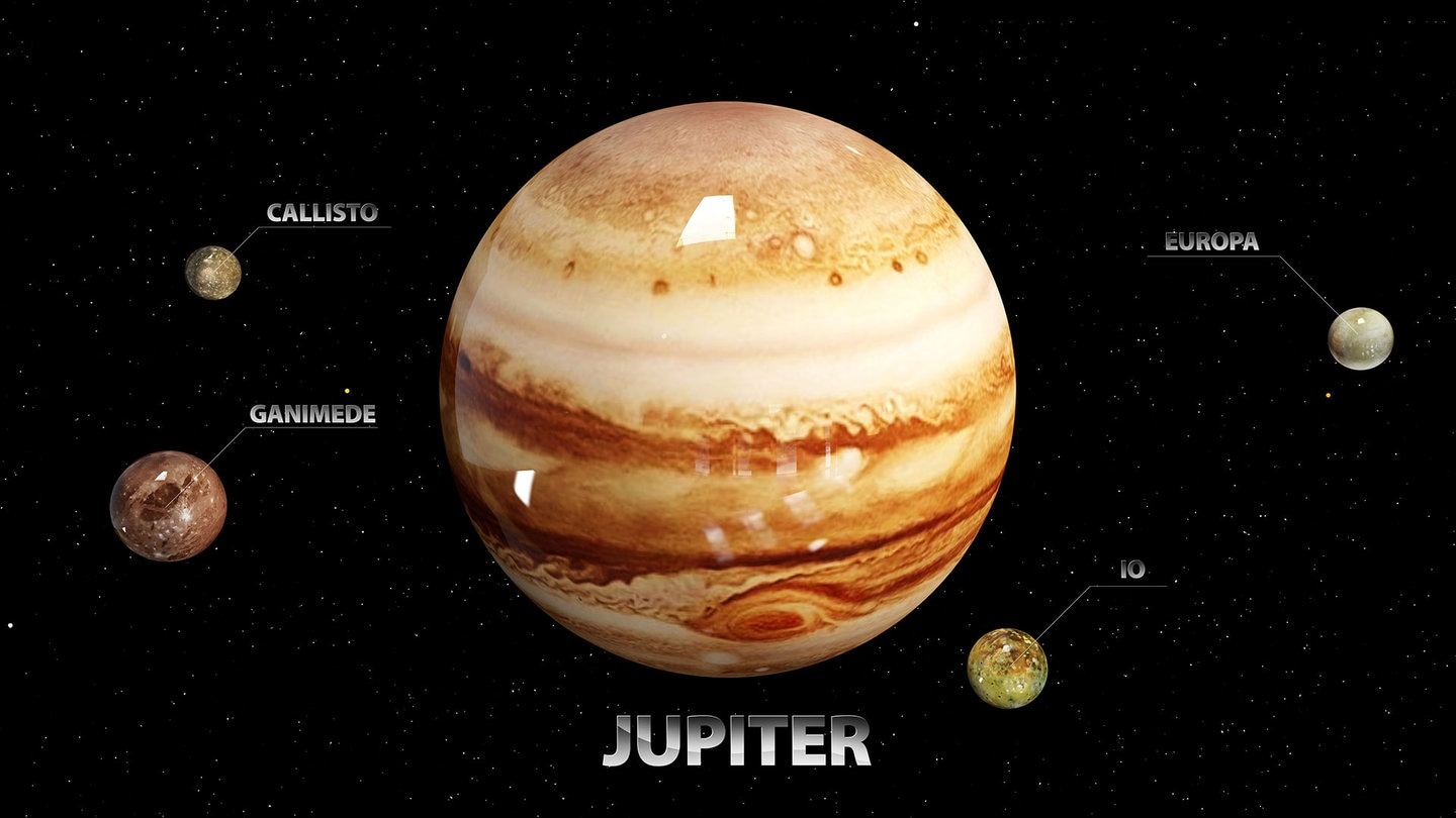 Illustration von dem Planeten Jupiter und dessen Monde  (Foto: Adobe Stock / tussik)