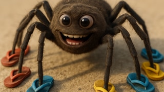 Hilft gegen die Angst vor Spinnen: Sich die Spinne mit Flipflops vorstellen. (KI generiert) (Foto: Mittels KI von ChatGPT erstellt) Hilft gegen die Angst vor Spinnen: Sich die Spinne mit Flipflops vorstellen. (KI generiert)