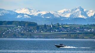 Ein Motorboot fährt über den Bodensee, während im Hintergrund die Alpen in der Schweiz zu sehen sind.  (Foto: dpa Bildfunk, picture alliance/dpa | Felix Kästle)