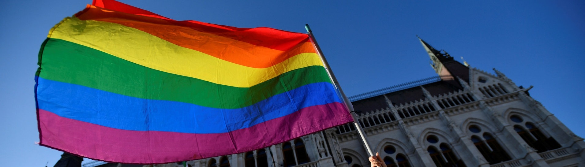 Eine Frau schwenkt eine Regenbogenfahne vor dem ungarischen Parlament (Foto: Reuters, REUTERS/Marton Monus)