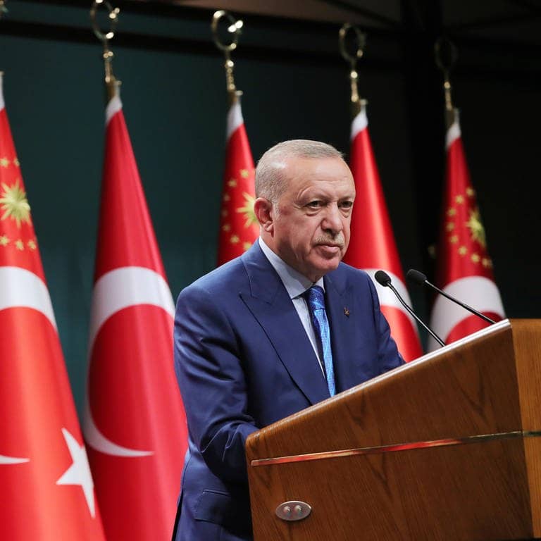 Recep Tayyip Erdogan, Staatspräsident der Türkei, spricht während einer im Fernsehen übertragenen Ansprache nach einer Kabinettssitzung.  (Foto: dpa Bildfunk, picture alliance/dpa/Turkish Presidency/AP | Uncredited)