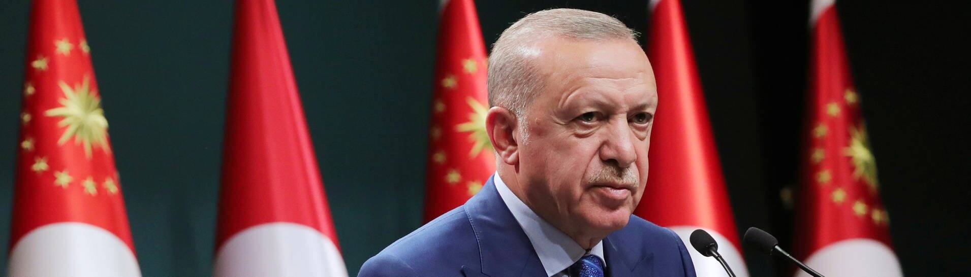 Recep Tayyip Erdogan, Staatspräsident der Türkei, spricht während einer im Fernsehen übertragenen Ansprache nach einer Kabinettssitzung.  (Foto: dpa Bildfunk, picture alliance/dpa/Turkish Presidency/AP | Uncredited)