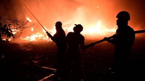 Feuerwehrleute in Griechenland versuchen einen Waldbrand zu löschen. (Foto: dpa Bildfunk, picture alliance/dpa/AP | Michael Varaklas)