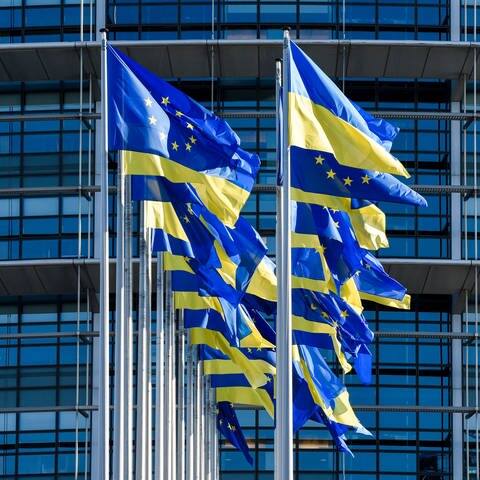 Ukrianische Flagge vor dem EU-Gebäude in Brüssel.  (Foto: dpa Bildfunk, picture alliance/dpa/AP | Pascal Bastien)