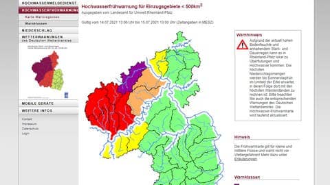 Ein Screenshot von der Webseite des rheinland-pfälzischen Landesumweltamts vom 14.7.2021, 13:00 Uhr mit Hilfe der Wayback-Machine (Foto: SWR, https://web.archive.org/web/20210714163904/http://fruehwarnung.hochwasser-rlp.de/)