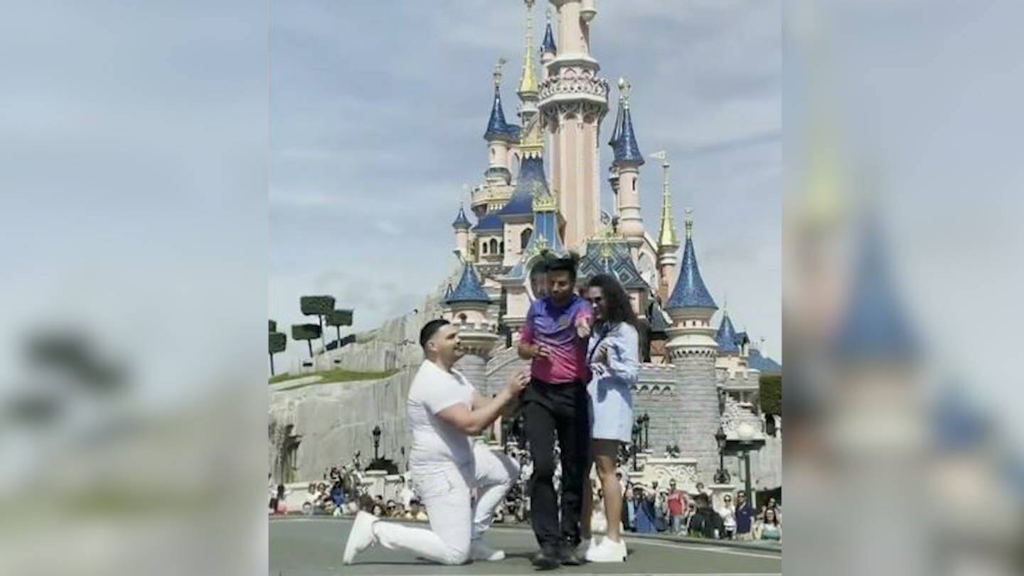 Screenshot: Szene Heiratsantrag vor Dornröschenschloss im Disneyland Paris (Foto: Screenshot Twitter @BrotherHQ)