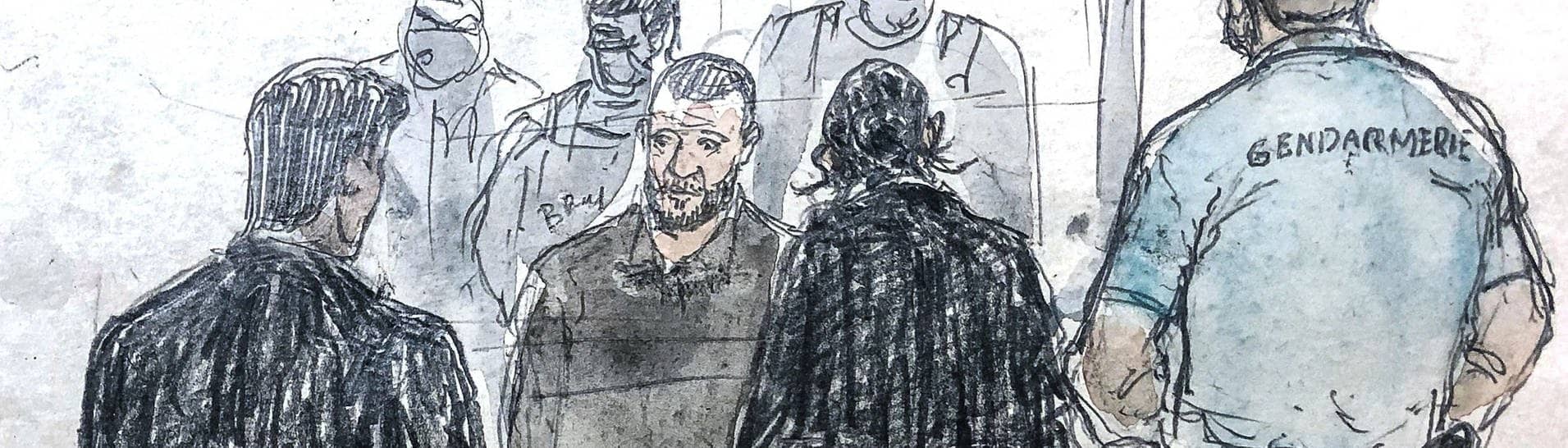 Gerichtsskizze zeigt den Hauptangeklagten Salah Abdeslam (M) während des Prozesses gegen den Attentäter der Pariser Terroranschläge vom November 2015. (Foto: dpa Bildfunk, picture alliance/dpa/AFP | Benoit Peyrucq)