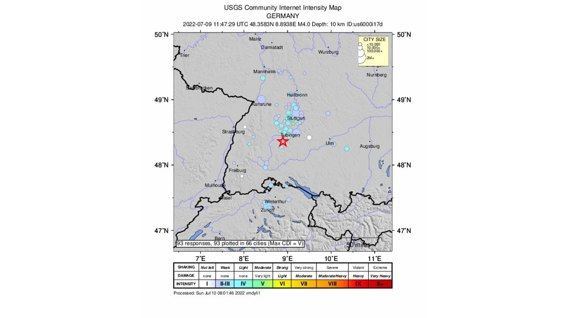 Die Auswirkungen des Erdbebens bei Hechingen auf einer Grafik des USGS (Foto: SWR, SWR / US Geological Service)