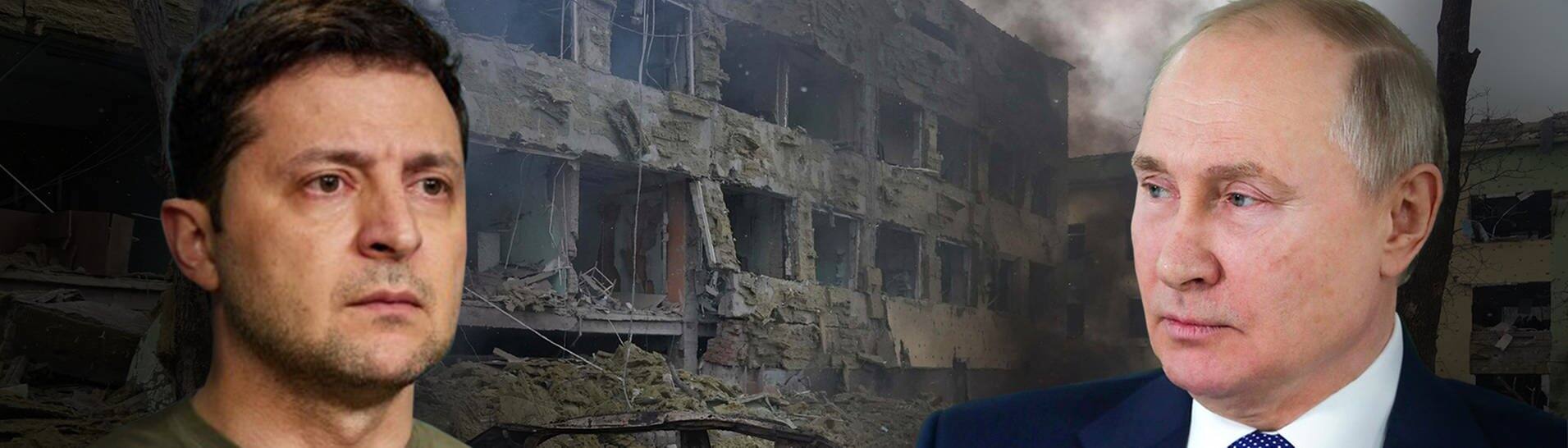 Foto ist eine Collage. Im HInterrgund ein zerbombtes Gebäude, im Vordergrund in Großaufnahme der ukrainischePräsident Selensky und der russische Diktator Putin. (Foto: IMAGO, dpa Bildfunk, IMAGO / ZUMA Wire und picture alliance / abaca | ABACA)