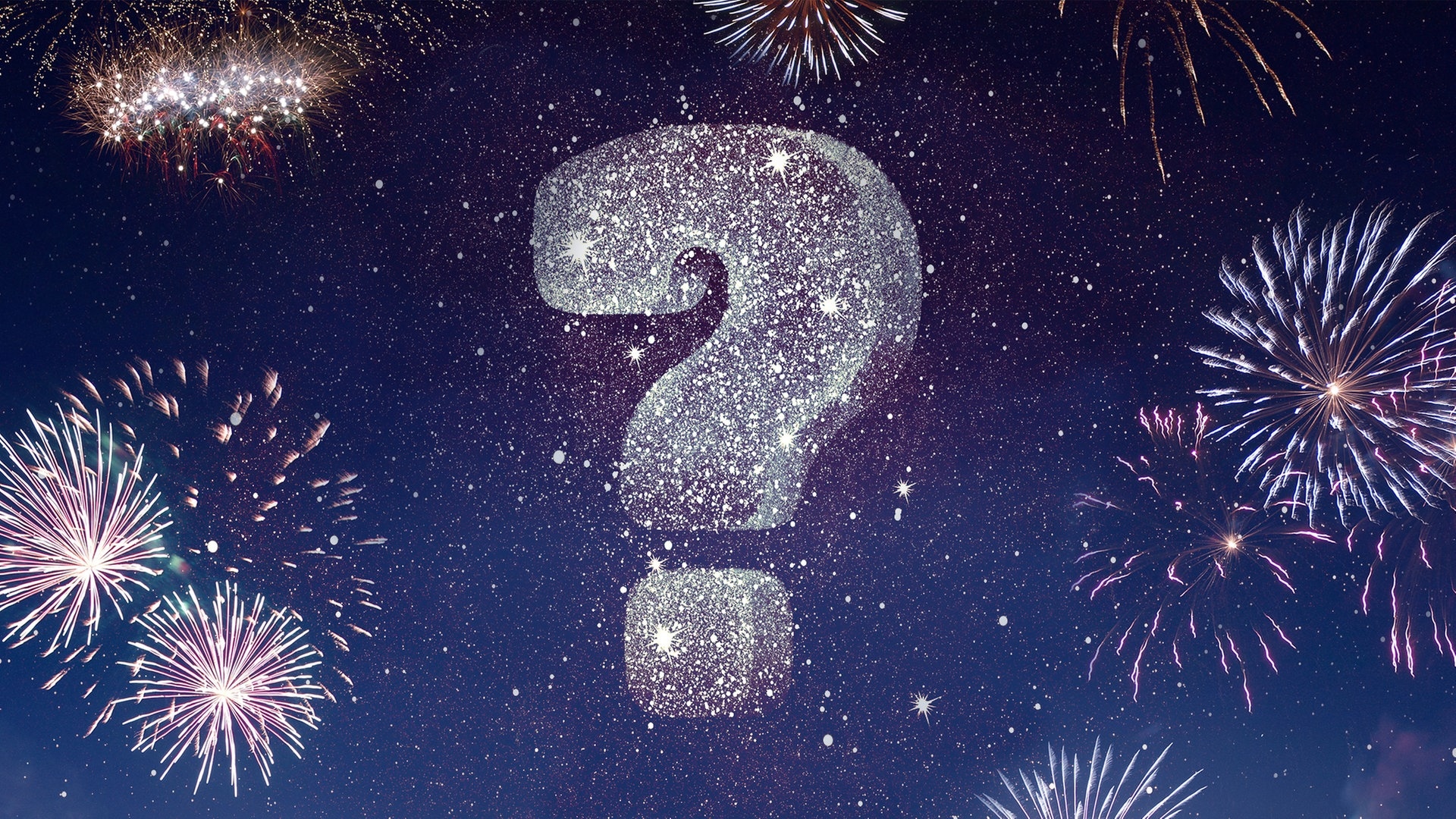 Silvester-Feuerwerk am Himmeln und ein großes Fragezeichen (Foto: Adobe/Robert/eyegelb)