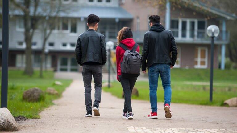 Drei Jugendliche gehen über das Gelände einer Schule. (Foto: dpa Bildfunk, picture alliance/dpa | Philipp Schulze)