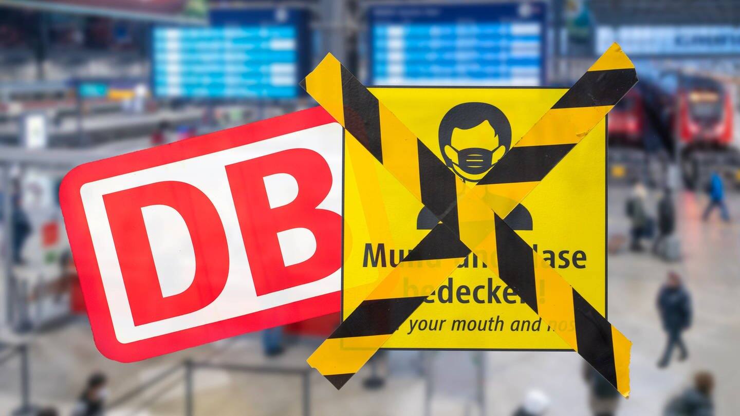 Aufkleber und durchgekreuztes Schild kündigen das Ende der Maskenpflicht im öffentlichen Fernverkehr an (Foto: IMAGO, IMAGO / Wolfgang Maria Weber)