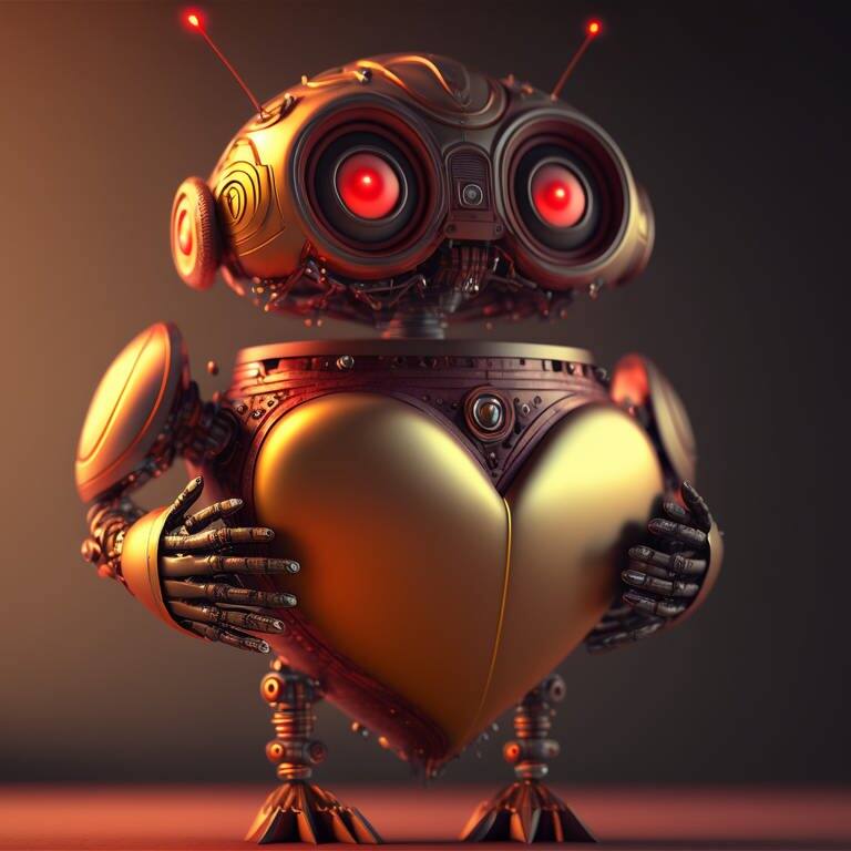 Ein Roboter mit leuchtenden roten Augen hält die Hände an seine herzförmige Brust. (Foto: Adobe Stock, zorandim75)