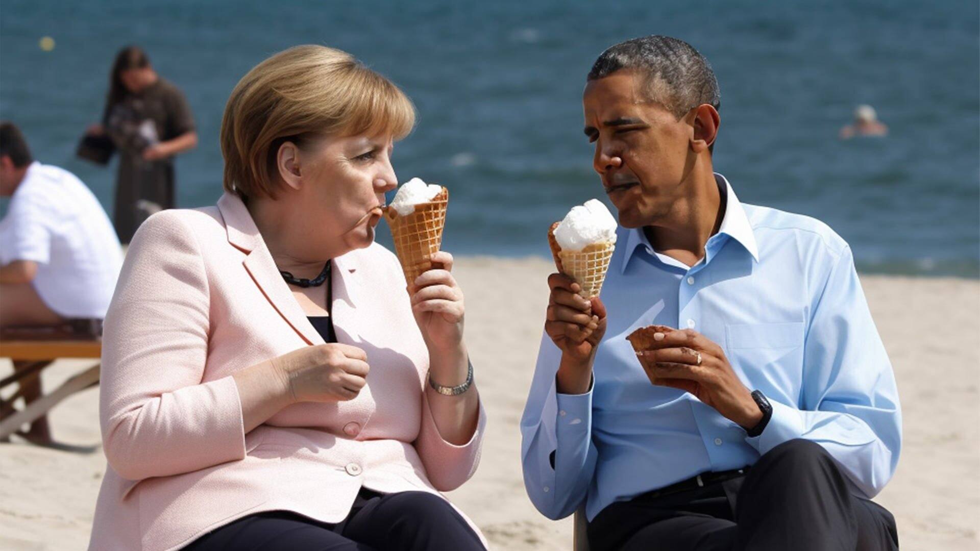 Merkel und Obama am Strand, ein Bild erzeugt von einer KI (Foto: Instagram/@julian_ai_art)