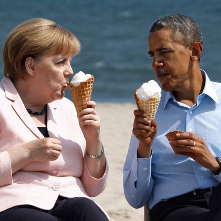 Merkel und Obama am Strand, ein Bild erzeugt von einer KI (Foto: Instagram/@julian_ai_art)