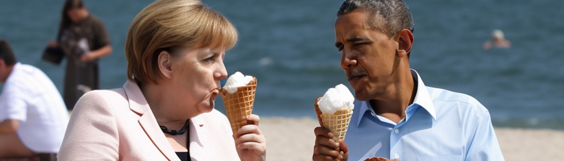 Merkel und Obama am Strand, ein Bild erzeugt von einer KI (Foto: Instagram/@julian_ai_art)