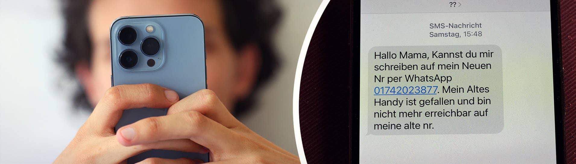 Mann hält ein Smartphone in der Hand; eine SMS von einem Betrüger (Foto: Collage: IMAGO / MiS, picture alliance/dpa/Deutsche Presse-Agentur GmbH | Karl-Josef Hildenbrand)