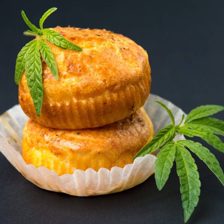 Cannabis-Muffin mit Blatt von Hanfpflanze garniert (Foto: IMAGO, IMAGO / agefotostock)