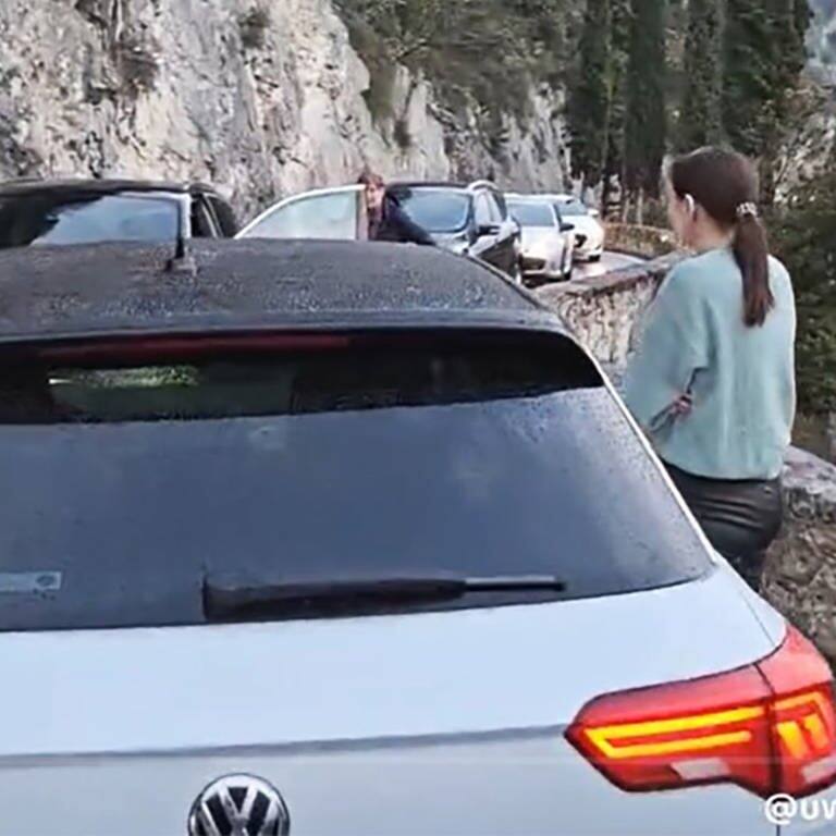 Ein Ausschnitt aus einem TikTok-Video zeigt eine lange Schlange von Autos auf der schmalen Uferstraße des Gardasees. Das Verrückte: Die Autoschlange geht in beide Richtungen – die Autos stehen sich gegenüber.  (Foto: TikTok/ UweVorberg520)