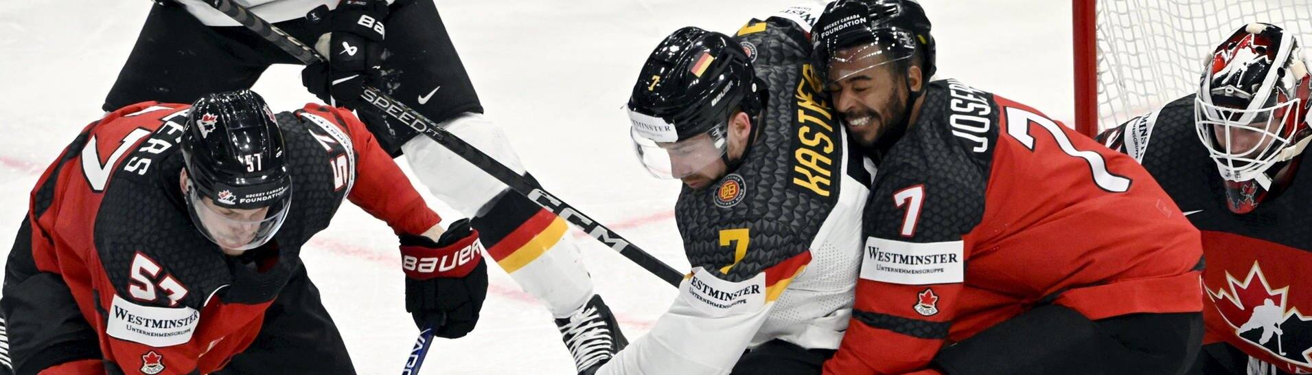 Deutschland gegen Kanada im Eishockey-WM-Finale. Am Ende musste sich die deutsche Nationalelf gegen den Rekordmeister Kanada geschlagen geben.  (Foto: dpa Bildfunk, picture alliance/dpa/Lehtikuva | Jussi Nukari)