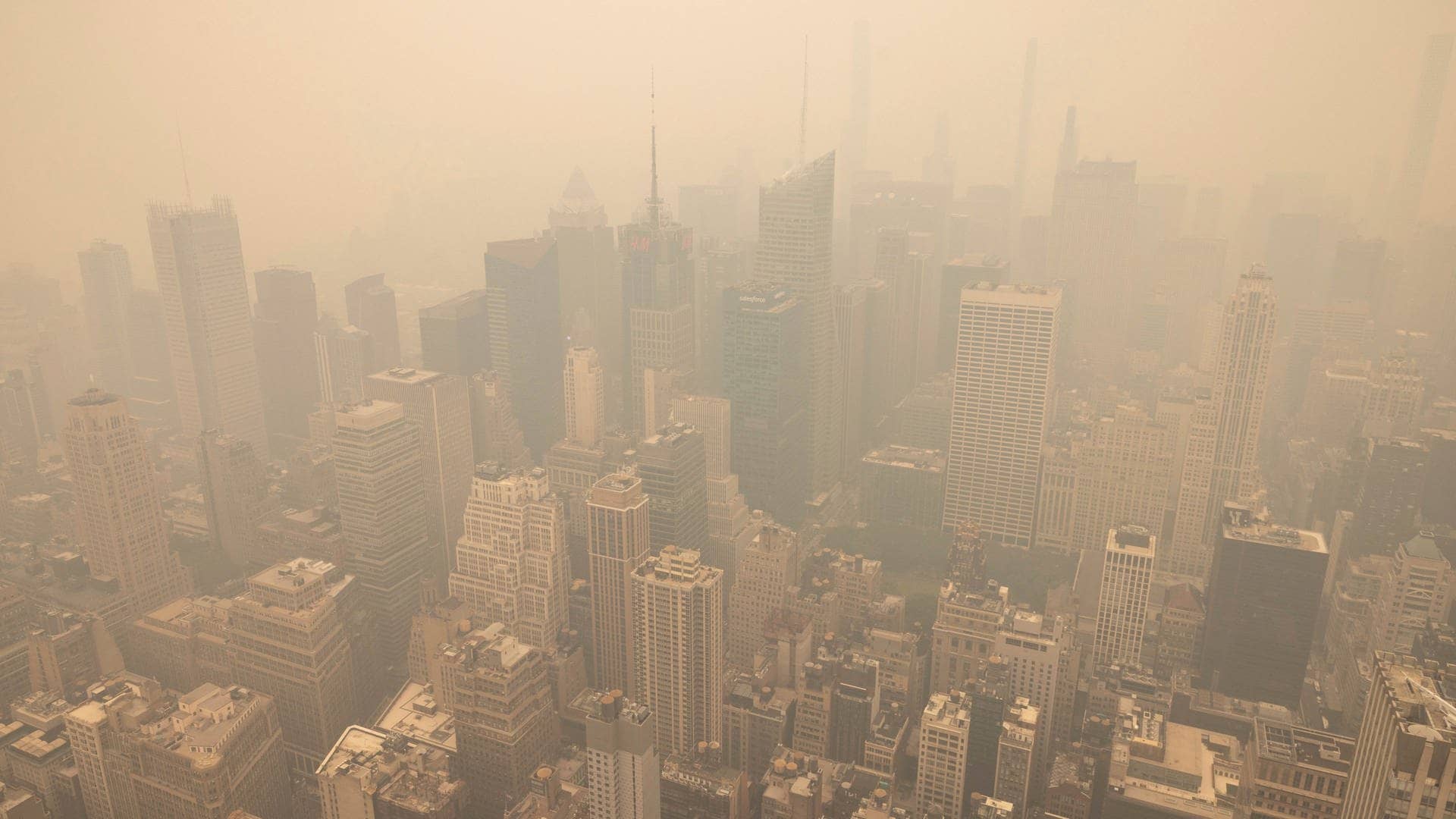 Dieses vom Empire State Building aus aufgenommene Foto zeigt New York City im Dunst. Waldbrände in Kanada hüllen den Nordosten der USA in Dunst und verfärben den Himmel. (Foto: dpa Bildfunk, picture alliance/dpa/AP | Yuki Iwamura)